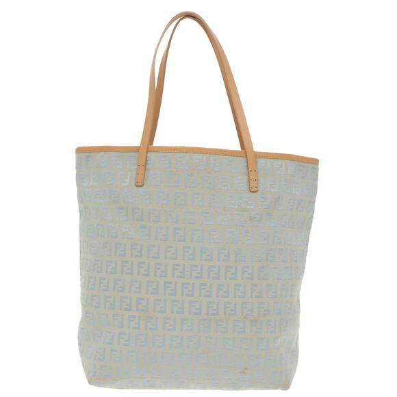 FENDI Zucchino Canvas Tote Bag Light Blue Brown Silver - Picture 3 of 12